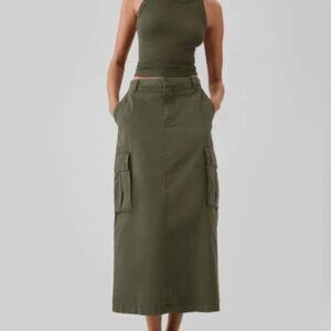 GAP cargo maxi skirt olive green womens 12 pockets cotton military backslit